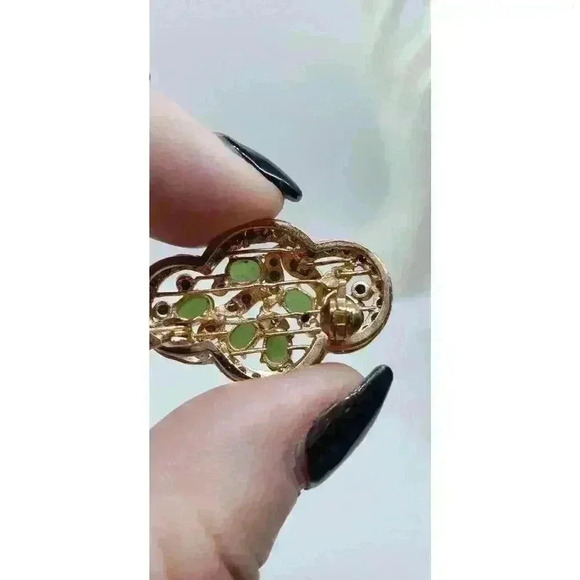 Vintage Brooch Jade 10k Gold Filled Rhinestone Accents art deco Flower Leaves - Picture 13 of 13
